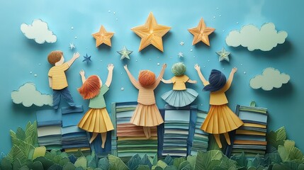Dreamy Paper Cut Craft of Kids Reaching for Book Stars in Whimsical Style