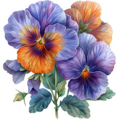 A whimsical illustration of pansies with vibrant purple, blue, and orange petals in the style of a childrens book