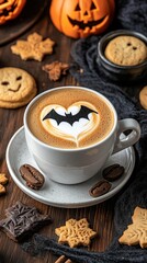 Fototapeta premium A cozy Halloween coffee featuring a bat latte art, surrounded by festive cookies and decorations for a seasonal vibe.
