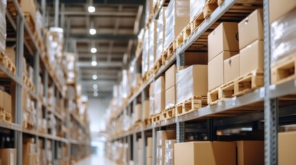 The warehouse is filled with shelves stacked high with electronic components and boxes. Overhead lighting creates a soft glow, highlighting intricate details of the items