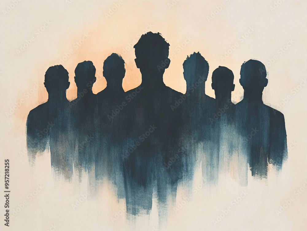 Poster an abstract representation of shadows depicting a group of individuals, highlighting themes of unity