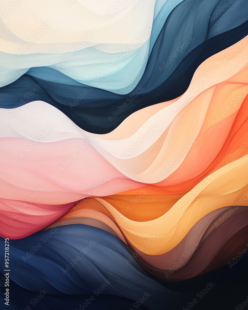 Poster an abstract wave pattern featuring soft colors and fluid shapes, perfect for a calming and modern ae