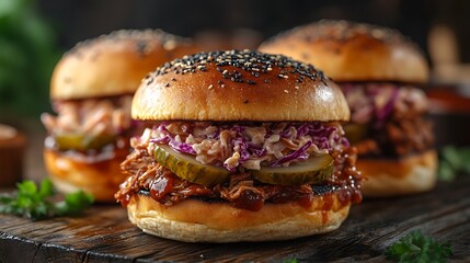 A side-view of BBQ pulled pork sliders with juicy pork, crisp coleslaw, and pickles, placed on a rustic wooden table, with warm ambient light creating a cozy and appetizing scene,