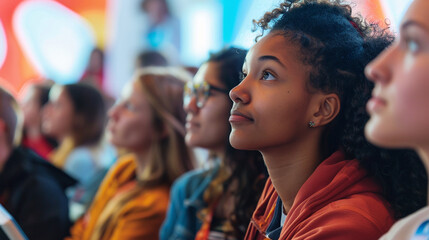 Gen Z at a tech conference - A group of young tech enthusiasts attending a conference, listening to speakers, networking with others.