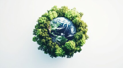 A hyper-realistic Earth in green and blue, surrounded by lush, diverse trees, set against a clean white background, emphasizing nature's beauty in HD