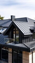 Modern Scandinavian-Style House with Black Metal Roof and Glass Balcony in Minimalist Design