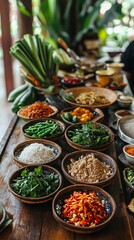 A Culinary Journey:  A vibrant spread of fresh ingredients awaits on a rustic wooden table, inviting viewers to embark on a culinary adventure, exploring the flavors of a diverse and exotic cuisine. 