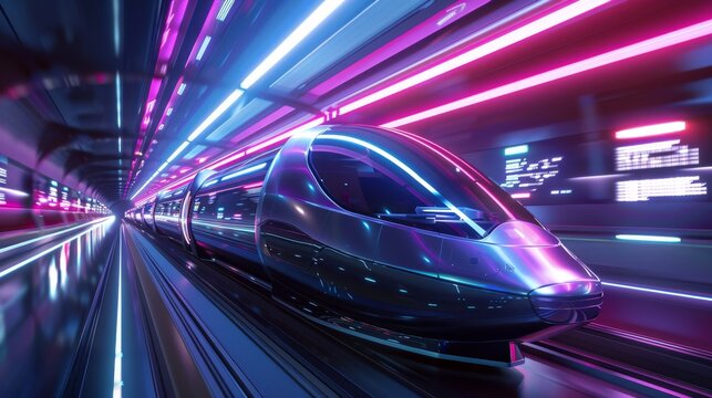 Futuristic Hyperloop Capsule Racing Through Neon Tunnel