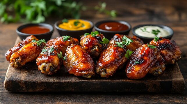 A top-down shot of a chicken wings platter featuring an assortment of wings including spicy buffalo, BBQ, and honey mustard, placed on a rustic wooden table,