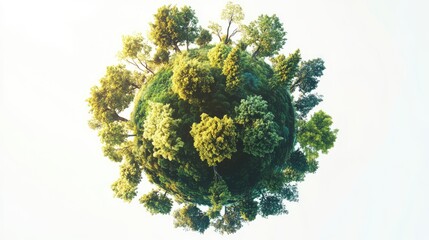 A hyper-realistic globe with vibrant green landscapes, surrounded by trees of various shapes and sizes, set against a pure white background