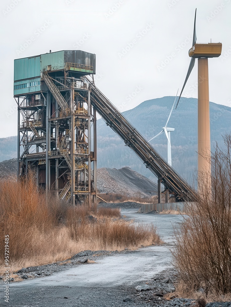 Leinwandbilder abandoned coal mining structures stand near modern wind turbines, illustrating the region's shift fr