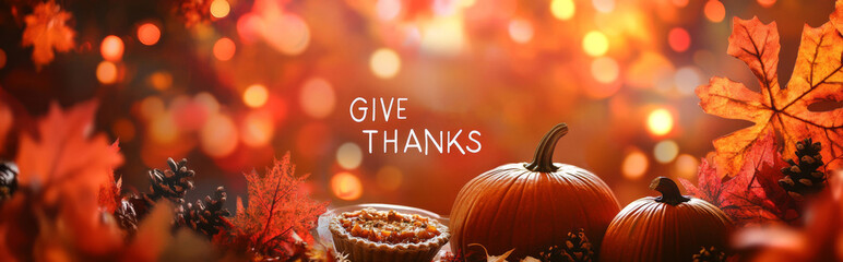 Autumn scene with pumpkins, fall leaves, pie, and Give Thanks message