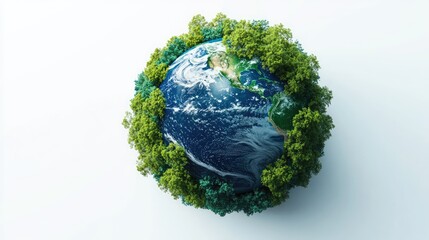 A lifelike 3D Earth with lush green and blue tones, surrounded by trees, set against a clean white background, capturing the natural beauty