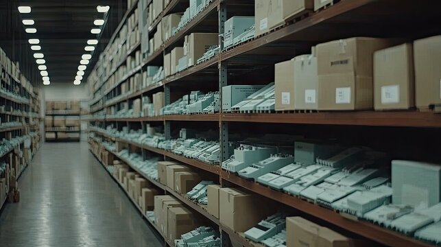 The warehouse is filled with shelves stacked high with electronic components and boxes. Overhead lighting creates a soft glow, highlighting intricate details of the items