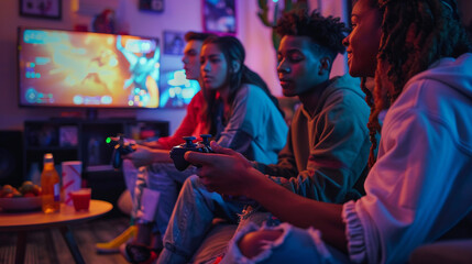 Gen Z playing video games together - A group of friends sitting on a couch in a living room, intensely focused on a video game, with controllers in hand, snacks on the table, and a large TV screen.