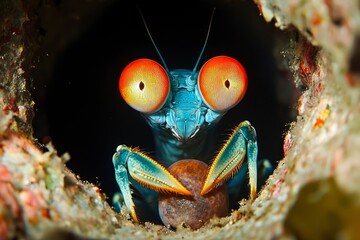 Mantis Shrimp with Prey in Coral Burrow