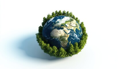 A lifelike 3D globe in green and blue, surrounded by a ring of trees, on a simple white background, capturing the Earth's natural beauty.