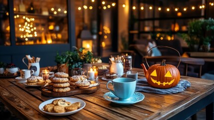 Fototapeta premium Cozy Halloween table setting with cookies, pumpkin, and warm lights creating a festive and inviting atmosphere.