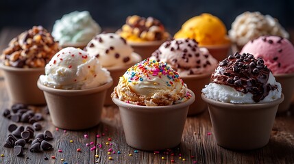 A top-down shot of an ice cream sundae bar with various toppings like sprinkles, chocolate chips, and whipped cream, all arranged on a wooden table with multiple ice cream scoops,