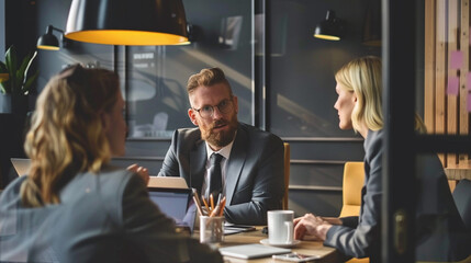 Manager giving feedback to an employee - A manager and an employee sitting across from each other in a private office, with the manager offering constructive feedback.