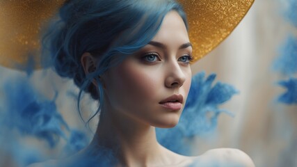 Blue watercolor accented with striking golden highlights.