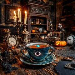 A mystical tea cup with an eye sits on a rustic table, surrounded by candles, clocks, and autumn decor, inviting an eerie ambiance.