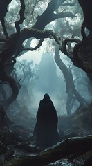 Enigmatic Journey: A hooded figure ventures into a mystical forest, the ancient trees forming a shadowy path towards a distant, veiled castle. The air hangs heavy with mystery and anticipation.