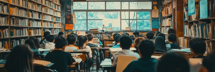 Students fill an overcrowded classroom, using outdated educational materials and lacking necessary school supplies for their learning. Generative AI