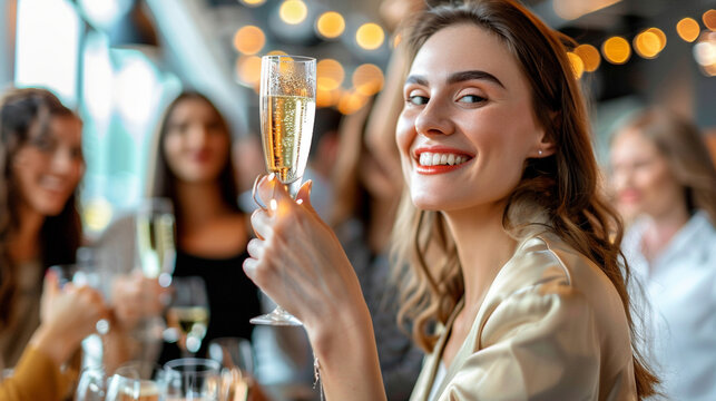 Successful woman celebrating a business milestone - A joyful female entrepreneur raising a glass of champagne in her office, surrounded by colleagues