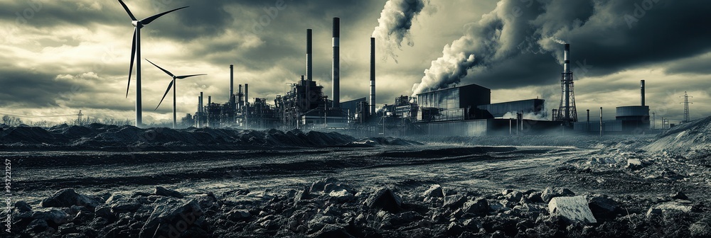 Aufkleber Closed coal mines and wind turbines contrast with aging factories, highlighting the shift towards sustainable energy practices. Generative AI