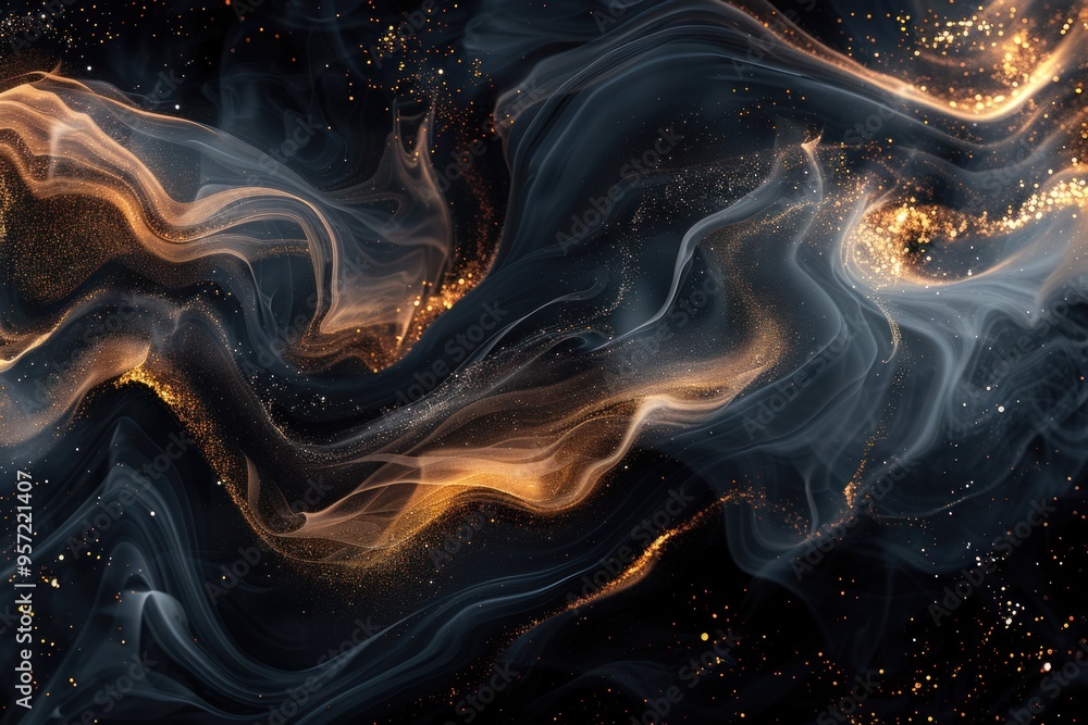 Poster golden swirls and smoky trails intertwine in an abstract display against a dark backdrop