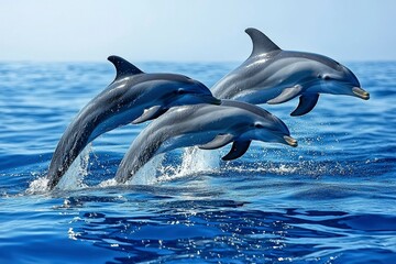 Fototapeta premium Three Dolphins Leaping in Blue Ocean Waters