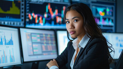 Woman in finance analyzing data - A professional woman in a financial office, sitting at her desk and analyzing data on multiple computer screens, with graphs and charts displayed