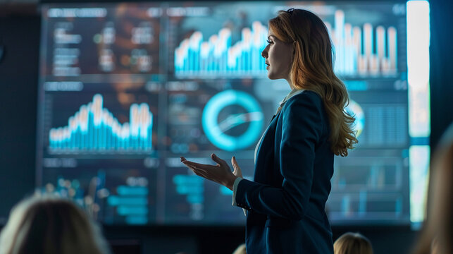 Woman giving a powerful presentation - A successful businesswoman standing in front of a large screen displaying charts and graphs, confidently delivering a presentation to an engaged audience.