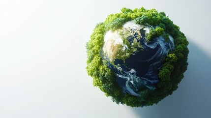 Fototapeta premium A realistic 3D Earth in vibrant greens and blues, enveloped by lush trees and greenery, set against a minimal white background.