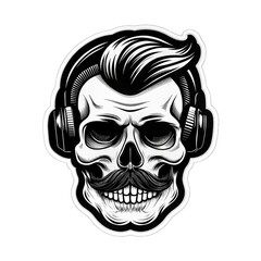 Fototapeta premium A strikingly detailed pop art sticker of a DJ skull adorned with a handlebar mustache and a stylish posh undercut haircut against a solid black background. Intricate Pop Art Sticker of DJ Skull with