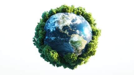 A realistic 3D Earth in vibrant greens and blues, enveloped by lush trees and greenery, set against a minimal white background.