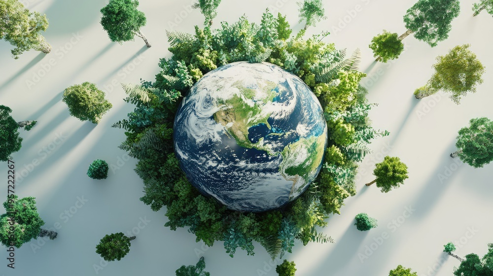 Poster a realistic 3d rendering of earth with vibrant green landscapes, surrounded by trees of various shap