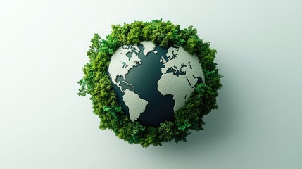 A serene 3D globe surrounded by diverse greenery, with lush green continents and blue oceans, all set against a minimalistic white background