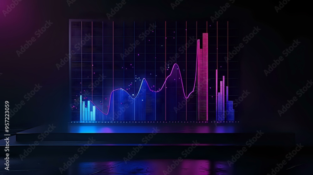 Poster a futuristic 3d data visualization featuring glowing bar charts and graphs against a dark, neon-lit 