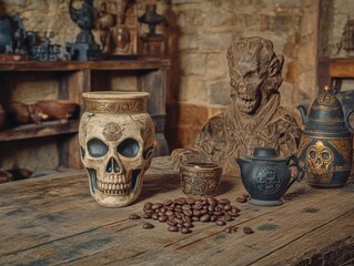 A captivating still life featuring a skull, ornate pottery, and coffee beans in a rustic setting, showcasing artistic craftsmanship.