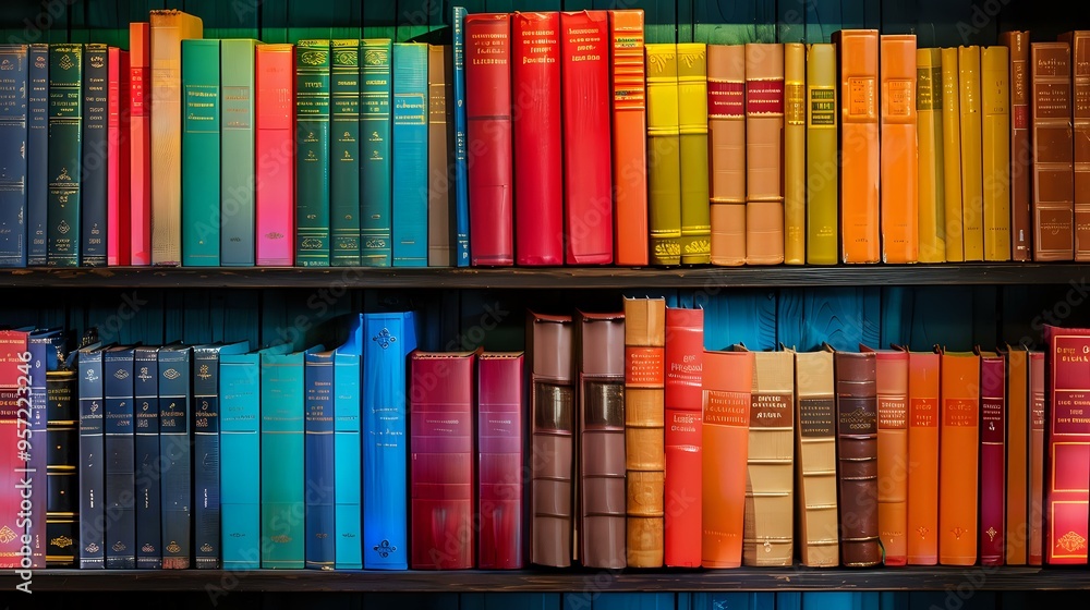 Poster a colorful bookshelf with books arranged by the color of their spines, creating a visually appealing