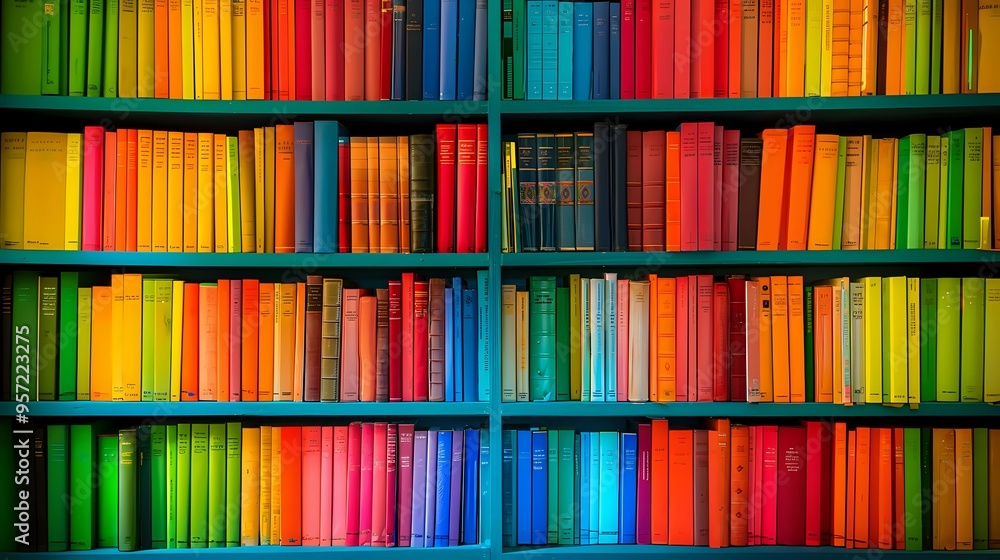 Poster a vibrant collection of colorful books neatly arranged on a bookshelf, creating a visually appealing