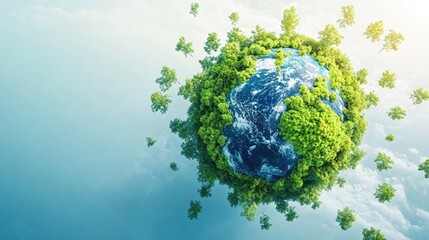 Fototapeta premium A serene 3D globe with vibrant green continents and blue oceans, encircled by trees of various sizes, set on a white background