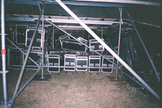 Stack of audio equipment boxes. Film photography