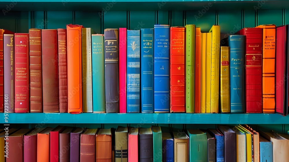 Poster bookshelf with colorful books arranged in a gradient, creating a visually pleasing and organized dis