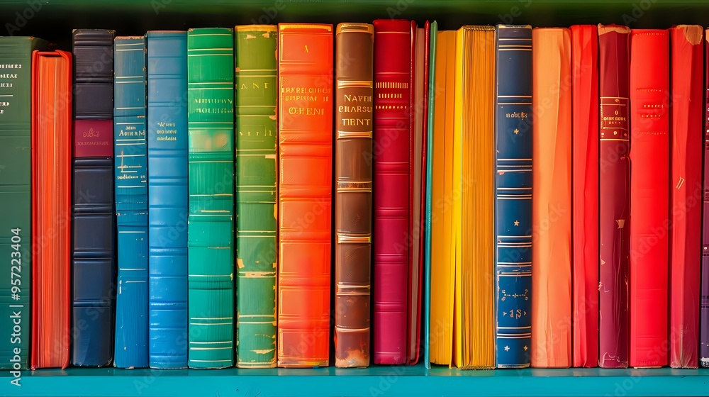 Poster bookshelf with colorful books arranged in a gradient, creating a visually pleasing and organized dis