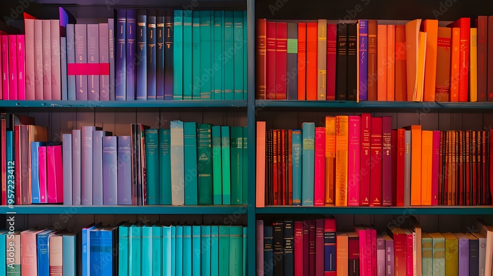 Poster a colorful bookshelf with books arranged by the color of their spines, creating a visually appealing