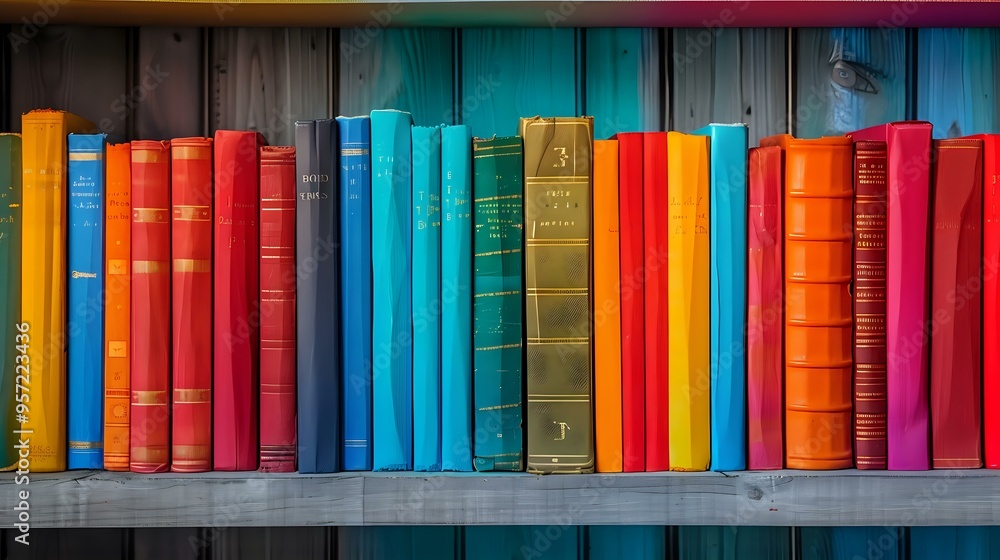 Poster bookshelf with colorful books arranged in a gradient, creating a visually pleasing and organized dis