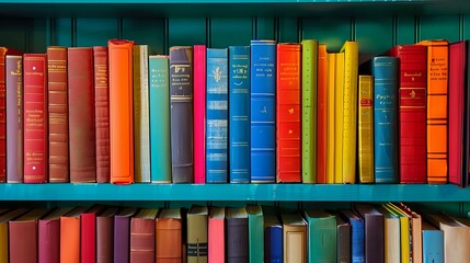 Bookshelf with colorful books arranged in a gradient, creating a visually pleasing and organized display. Ideal for educational themes, creative projects, and interior design inspirations.